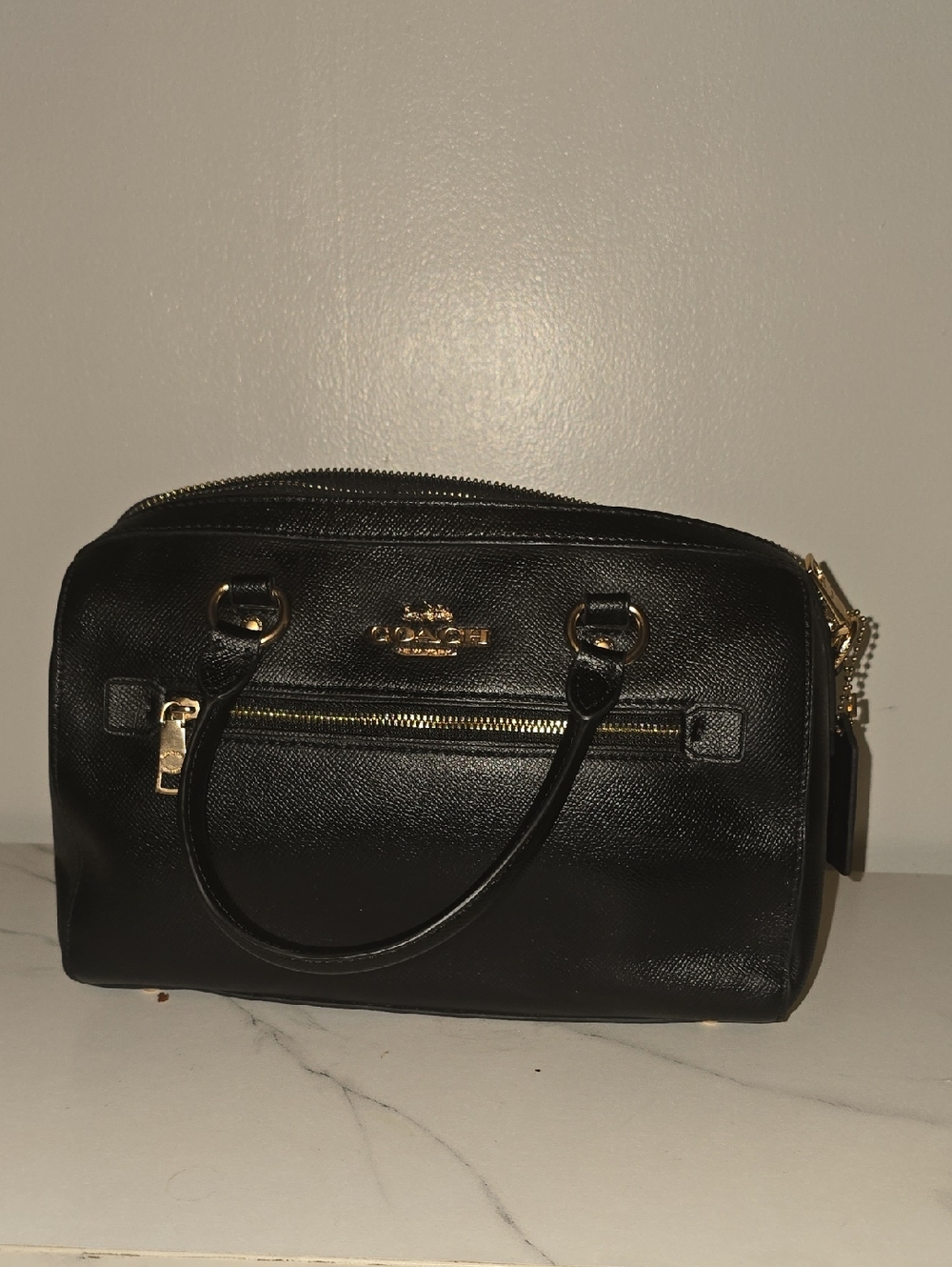 Coach Black Leather Satchel with Gold Accents